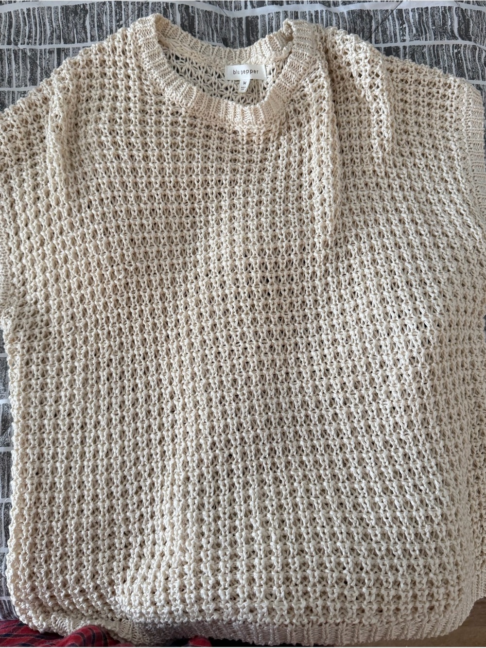 Beige Open-Knit Crewneck Sweater